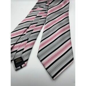 Van Heusen Mens Silk Necktie Pink Grey Black Striped Stain Resistant Formal Tie